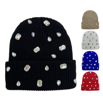 Fashion Luxury Shiny Bling Rhinestones Y2k Skull Beanie Hat Winter Warm Thick Knit Stretchy Cap with Gems for Women