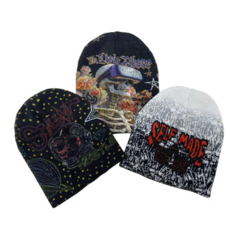 100pcs/style OEM ODM Wholesale Design No Cuff Knitted Hat Y2k Gothic Custom Print Jacquard Logo All Over Winter Beanies Hats Cap