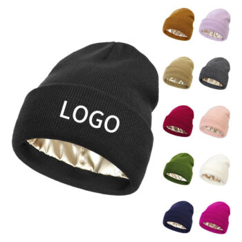 Wholesale New Design Custom Logo Acrylic Satin Lined Knit Winter Warm Silk Satin Lined Beanie Hats Cap for Men and Women
