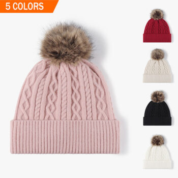 Winter Warm Unisex Yarn Rabbit Fur Knitted Hats Cap Wholesale Knit Pom Pom Beanies Bobble Hat With Custom Embroidery Logo