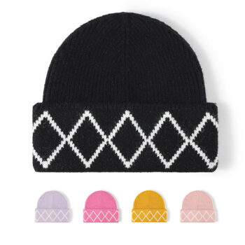 Manufacturer Custom Designer High Quality Diamond Pattern Beanie Hat Winter Luxury Imitation Rabbit Fur Running Skull Cap Beanie