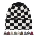 Wholesale Custom Logo Checkerboard Plaid Ribbed Winter Warm Cuffed Knitted Hat Beanie for Men Women